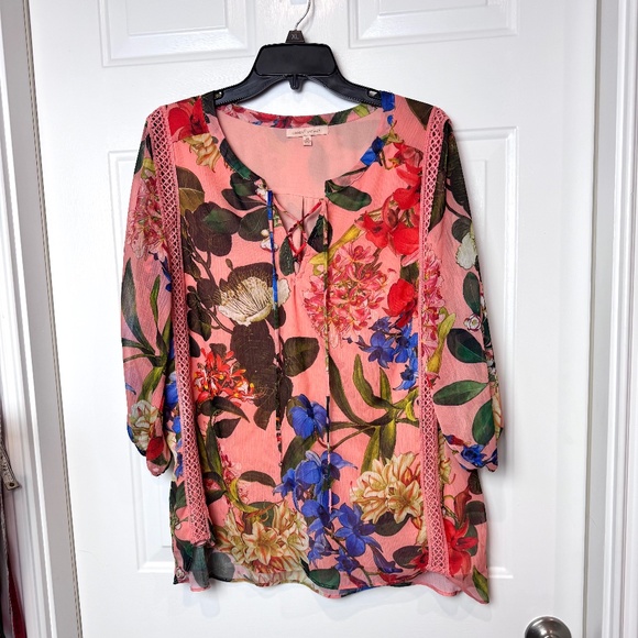 Gibson Latimer Floral Slipover Lined Blouse Tie Front, EUC, Size Medium - Picture 1 of 7